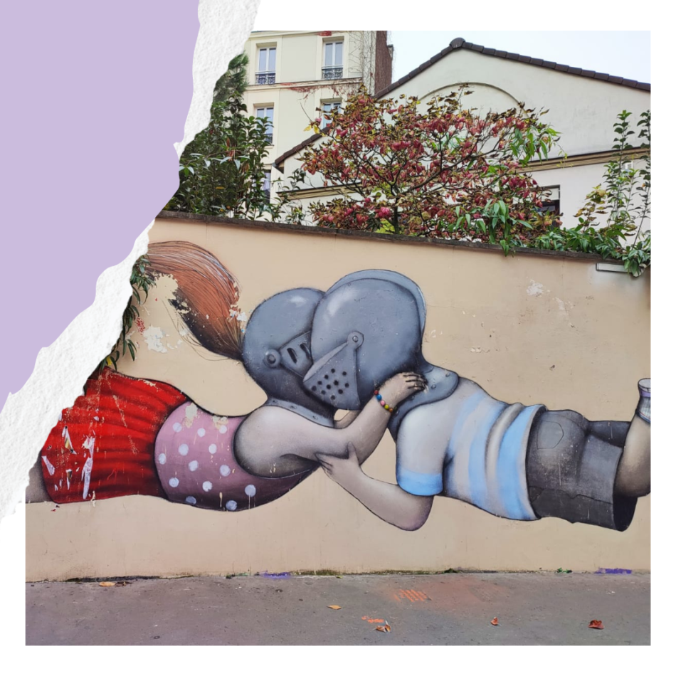 street art enfant mur embrasser
