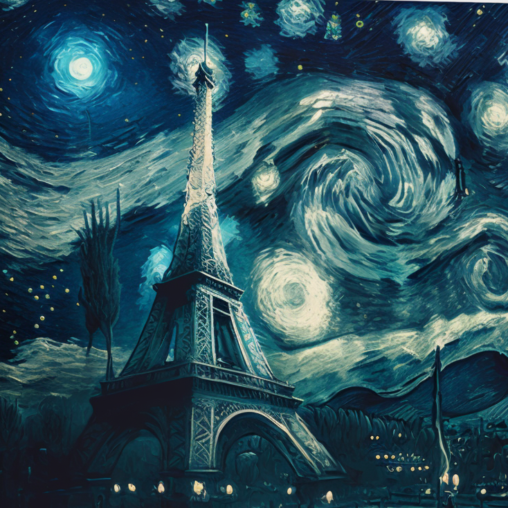 Image générée par l'IA Midjourney / mot clés : Starry night, with Eiffel Tower, van Gogh style, blue tone
