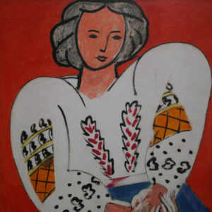huile sur toile femme portant une blouse sur fond rouge