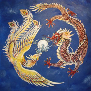 Dragon et phoenix sur fond bleu
